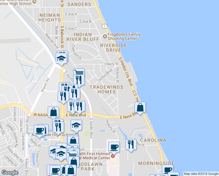 map of restaurants, bars, coffee shops, grocery stores, and more near 805 Camelia Drive in Melbourne