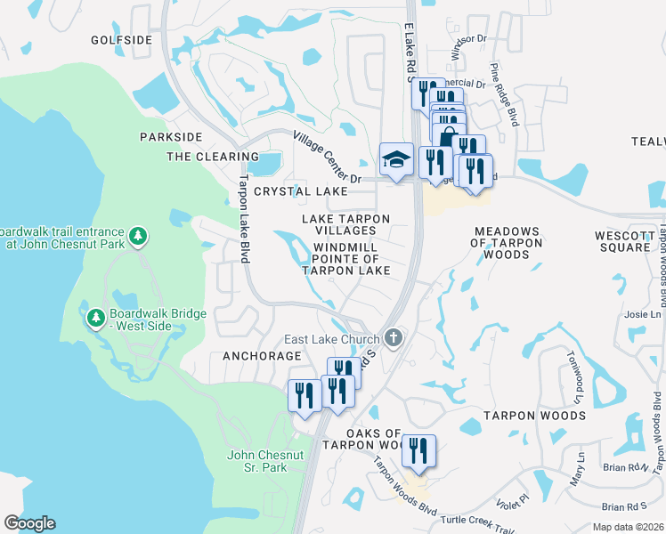 map of restaurants, bars, coffee shops, grocery stores, and more near 2655 Woodhall Terrace in Palm Harbor