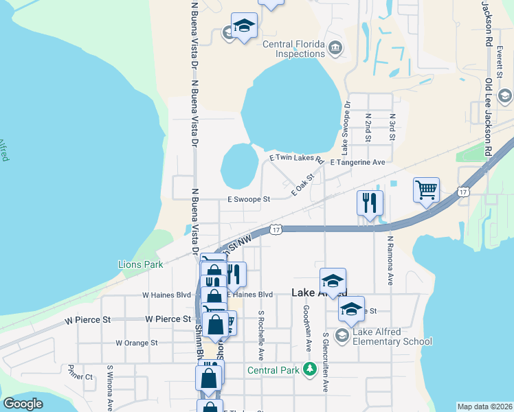 map of restaurants, bars, coffee shops, grocery stores, and more near 285 East Swoope Street in Lake Alfred