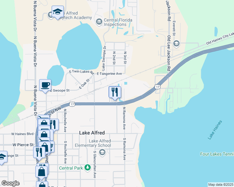 map of restaurants, bars, coffee shops, grocery stores, and more near 670 East Alfred Street in Lake Alfred
