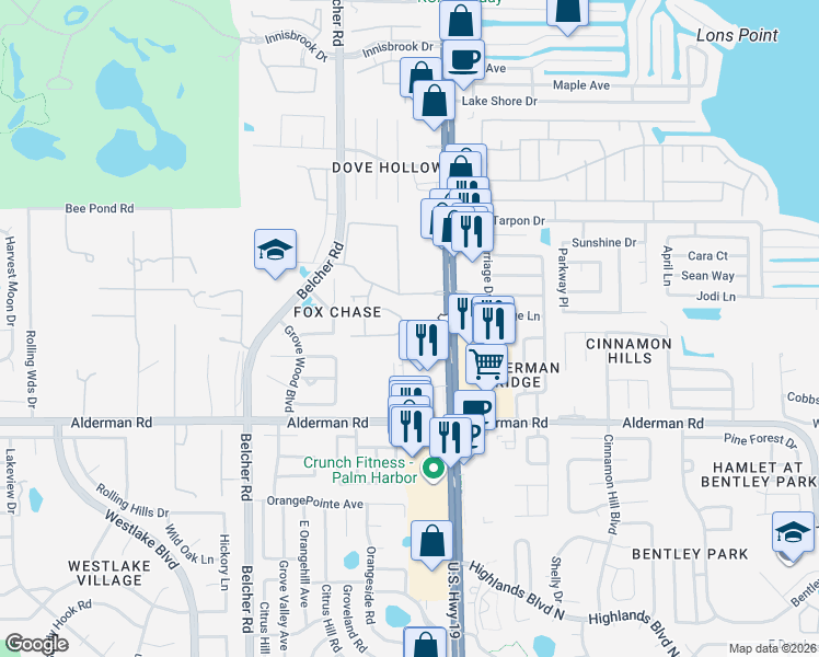 map of restaurants, bars, coffee shops, grocery stores, and more near 2458 Bush Tail Court in Palm Harbor
