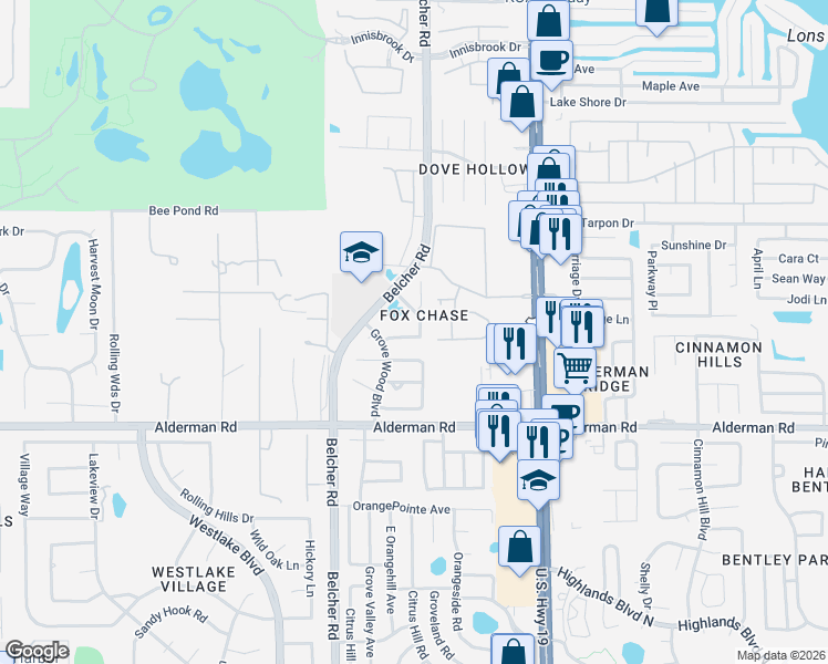 map of restaurants, bars, coffee shops, grocery stores, and more near 3054E Beecher Drive East in Palm Harbor