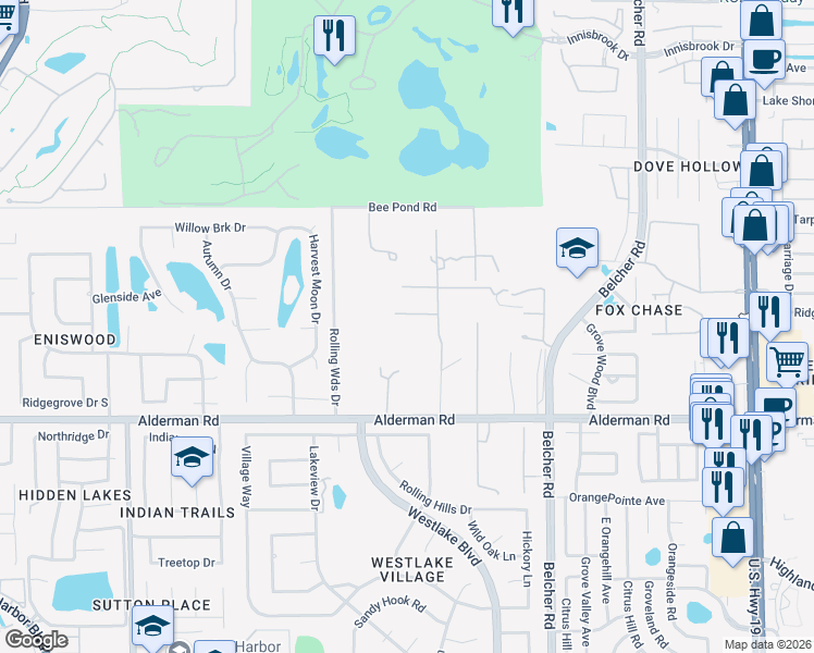 map of restaurants, bars, coffee shops, grocery stores, and more near 1876 Country Lane in Palm Harbor