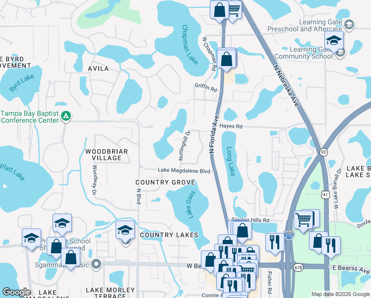 map of restaurants, bars, coffee shops, grocery stores, and more near 506 Cullen Court in Lutz