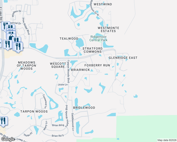 map of restaurants, bars, coffee shops, grocery stores, and more near 5585 Oakridge Drive in Palm Harbor
