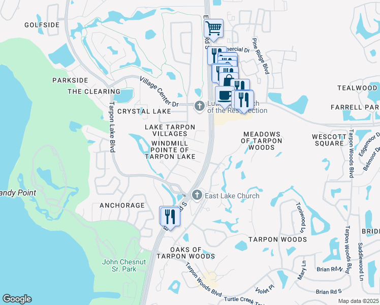 map of restaurants, bars, coffee shops, grocery stores, and more near 2720 Wendover Terrace in Palm Harbor