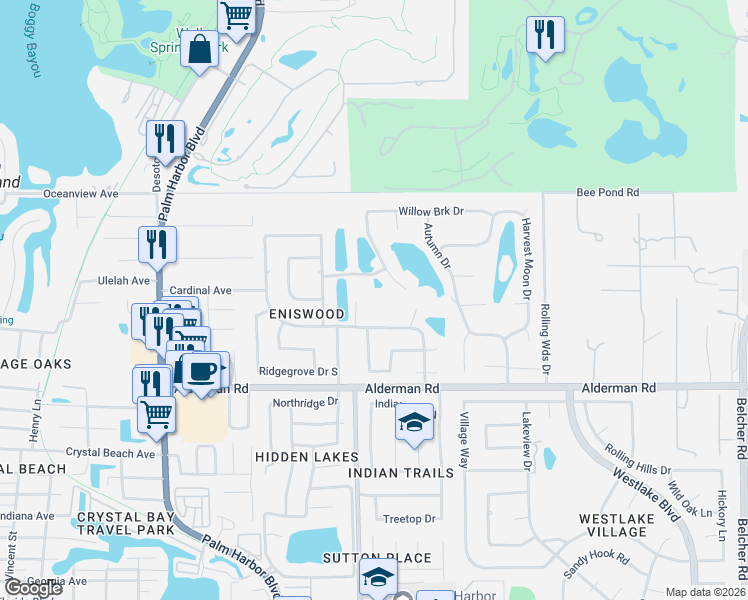 map of restaurants, bars, coffee shops, grocery stores, and more near 1293 Eniswood Parkway in Palm Harbor