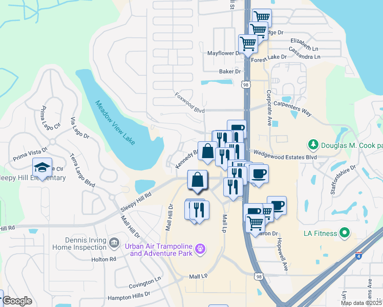 map of restaurants, bars, coffee shops, grocery stores, and more near 1546 Kennedy Boulevard in Lakeland