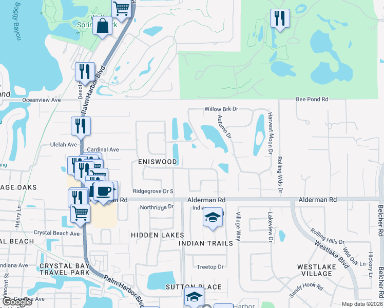 map of restaurants, bars, coffee shops, grocery stores, and more near 1293 Eniswood Parkway in Palm Harbor