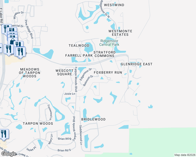 map of restaurants, bars, coffee shops, grocery stores, and more near 4072 Belmoor Drive in Palm Harbor