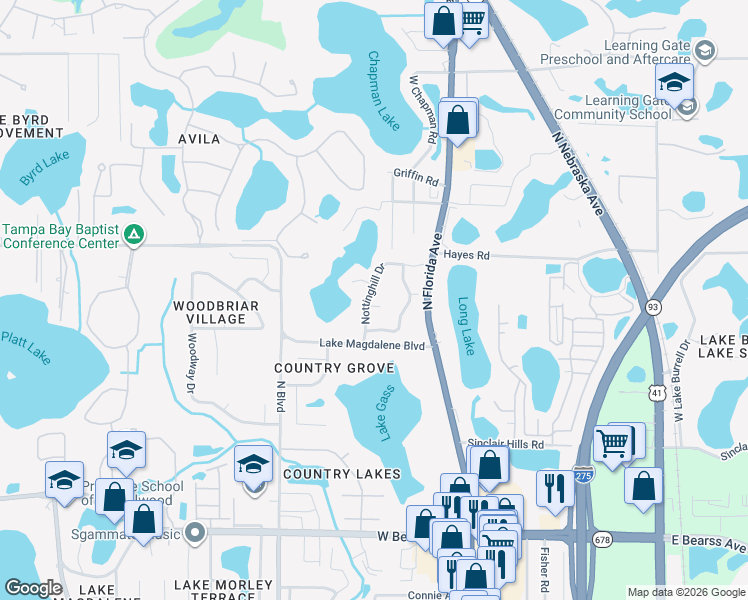 map of restaurants, bars, coffee shops, grocery stores, and more near 506 Cullen Court in Lutz