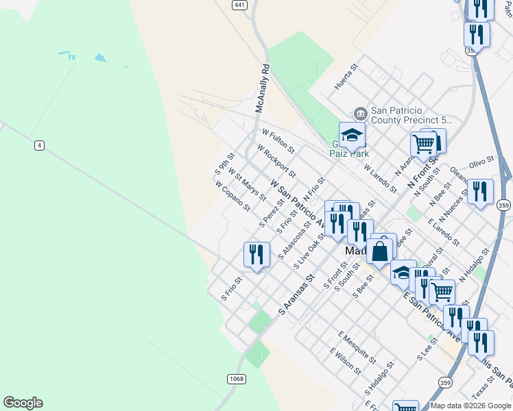 map of restaurants, bars, coffee shops, grocery stores, and more near 219 South 6th Street in Mathis