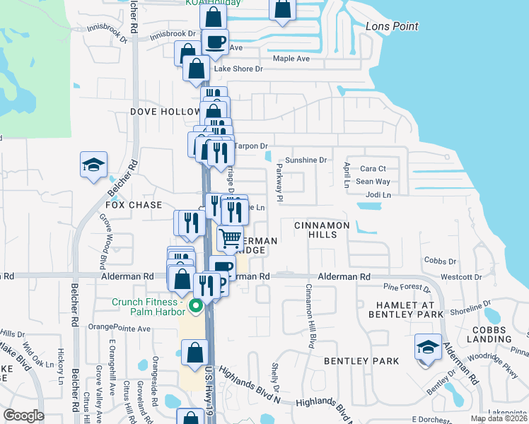 map of restaurants, bars, coffee shops, grocery stores, and more near 3008 Sugar Bear Trail in Palm Harbor