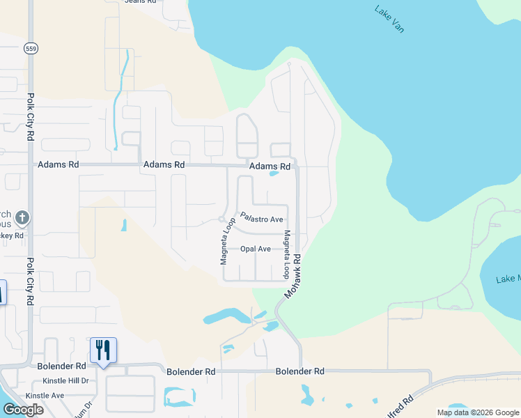 map of restaurants, bars, coffee shops, grocery stores, and more near 453 Palastro Avenue in Auburndale