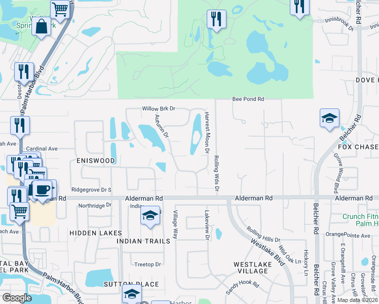 map of restaurants, bars, coffee shops, grocery stores, and more near 1630 Pond View Court in Palm Harbor