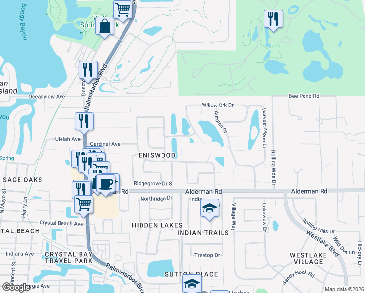 map of restaurants, bars, coffee shops, grocery stores, and more near 1293 Eniswood Parkway in Palm Harbor