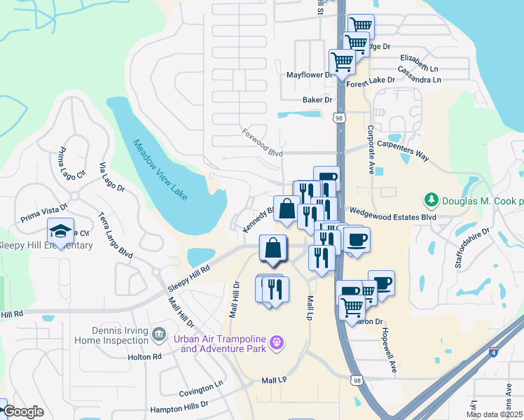 map of restaurants, bars, coffee shops, grocery stores, and more near 1545 Kennedy Boulevard in Lakeland