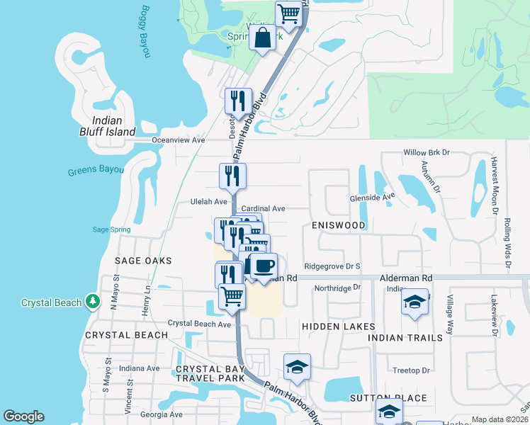 map of restaurants, bars, coffee shops, grocery stores, and more near 3094 Hidden Hills Drive in Palm Harbor