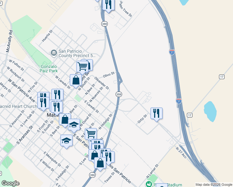 map of restaurants, bars, coffee shops, grocery stores, and more near 505 Texas 359 in Mathis