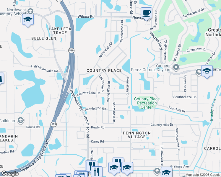 map of restaurants, bars, coffee shops, grocery stores, and more near 15852 Country Lake Drive in Tampa