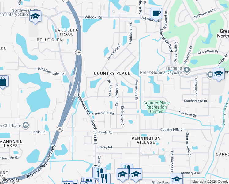 map of restaurants, bars, coffee shops, grocery stores, and more near 15901 Old Stone Place in Tampa