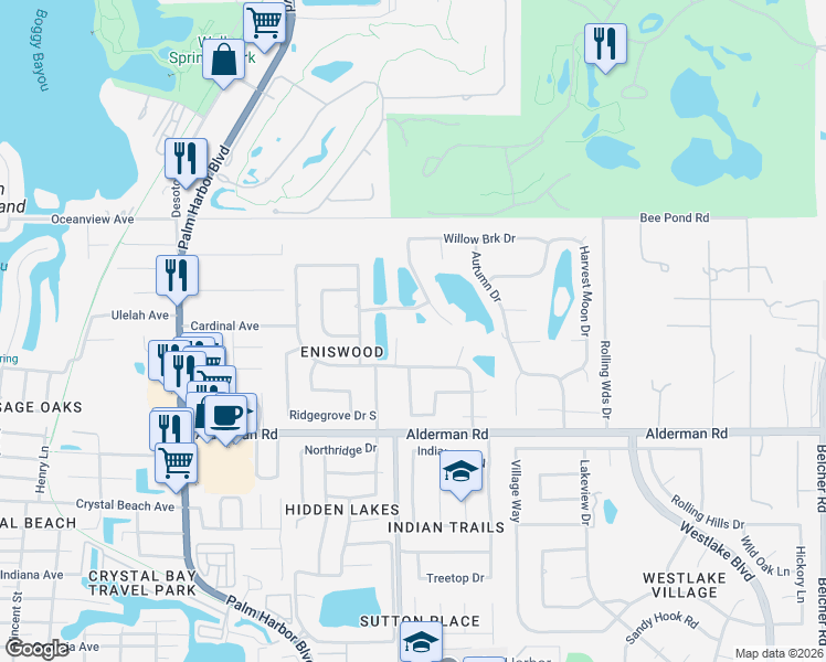 map of restaurants, bars, coffee shops, grocery stores, and more near 1293 Eniswood Parkway in Palm Harbor