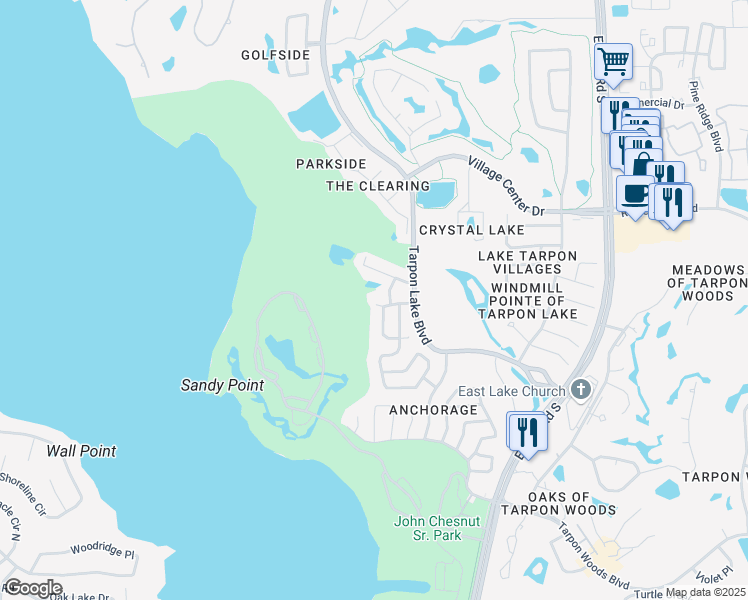 map of restaurants, bars, coffee shops, grocery stores, and more near 4343 Lakeshore Drive in Palm Harbor