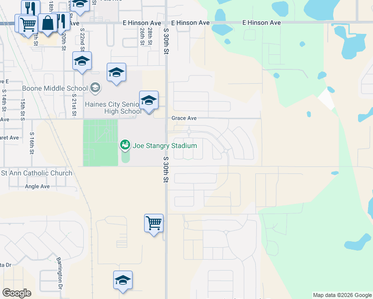 map of restaurants, bars, coffee shops, grocery stores, and more near 3234 Robinson Drive in Haines City