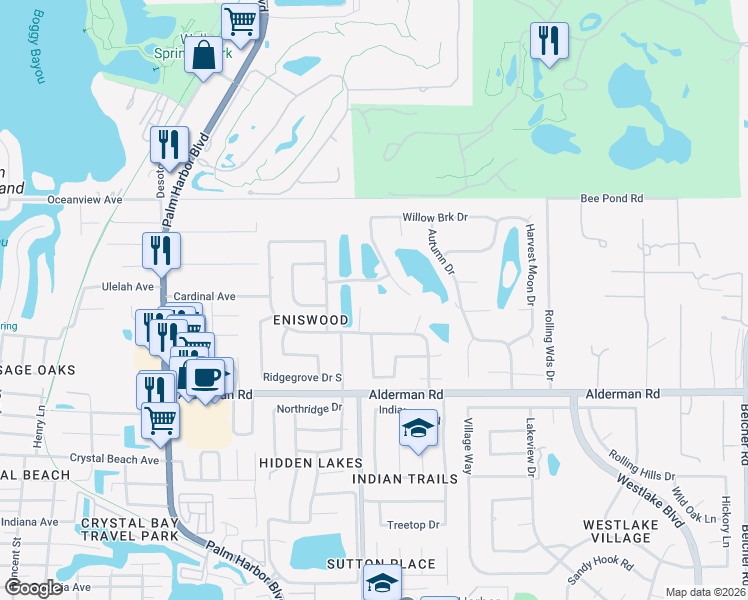 map of restaurants, bars, coffee shops, grocery stores, and more near 1293 Eniswood Parkway in Palm Harbor