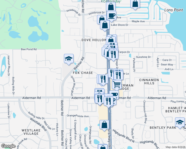 map of restaurants, bars, coffee shops, grocery stores, and more near 2368 Tallyho Lane in Palm Harbor