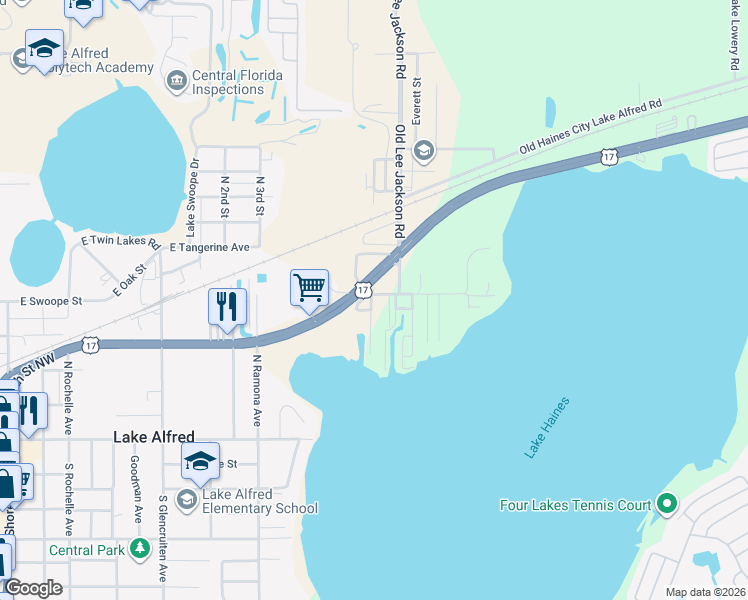 map of restaurants, bars, coffee shops, grocery stores, and more near 112 Walnut Lane in Lake Alfred
