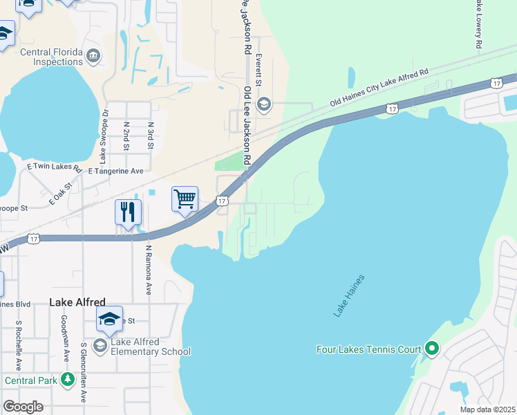 map of restaurants, bars, coffee shops, grocery stores, and more near 54 East Lane in Lake Alfred