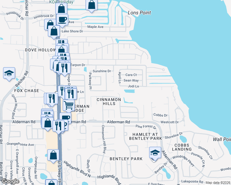 map of restaurants, bars, coffee shops, grocery stores, and more near 186 Sunward Avenue in Palm Harbor