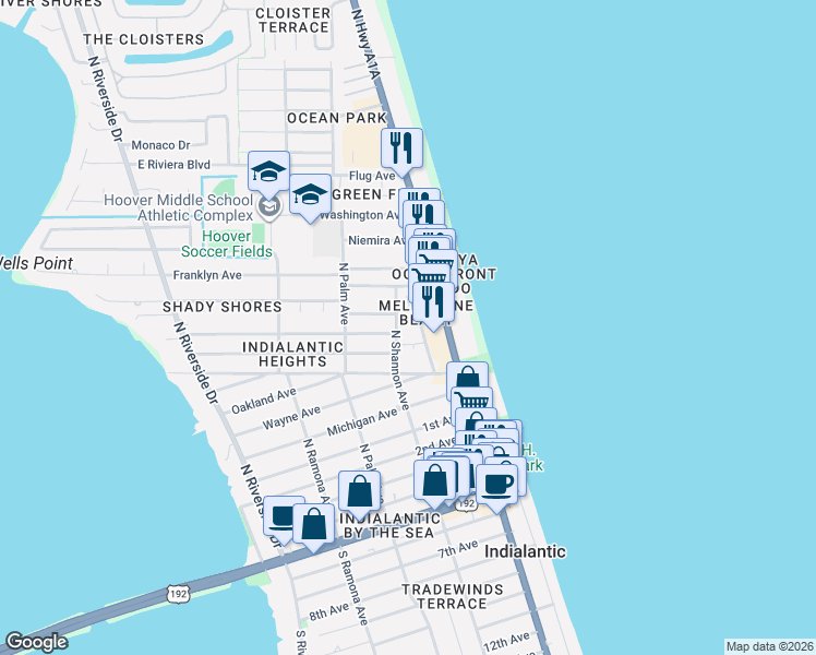 map of restaurants, bars, coffee shops, grocery stores, and more near 814 North Miramar Avenue in Indialantic