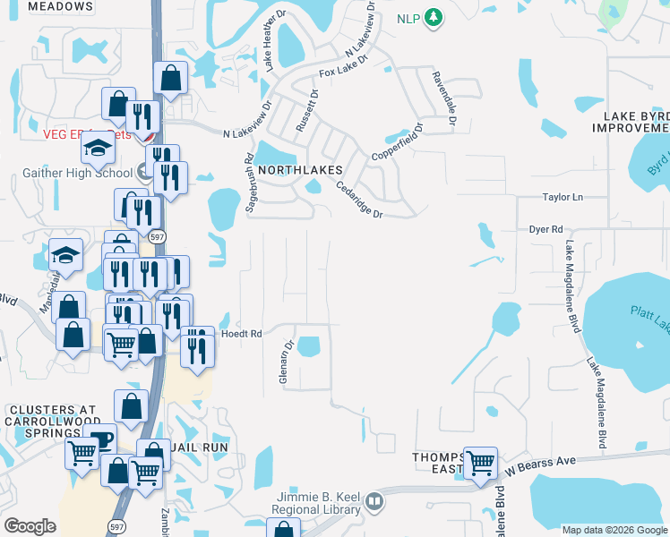 map of restaurants, bars, coffee shops, grocery stores, and more near 16009 Hampton Village Drive in Tampa