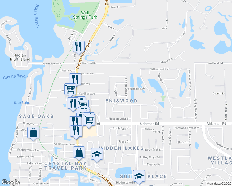 map of restaurants, bars, coffee shops, grocery stores, and more near 3025 Enisglen Drive in Palm Harbor