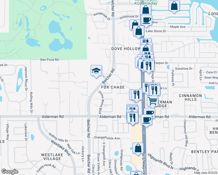 map of restaurants, bars, coffee shops, grocery stores, and more near 3163C Claremont Place in Palm Harbor