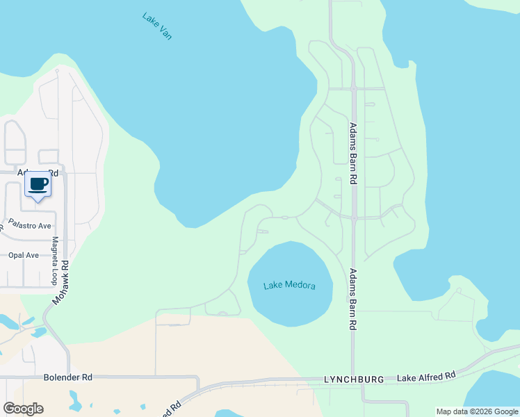 map of restaurants, bars, coffee shops, grocery stores, and more near 555 Adams View Lane in Auburndale