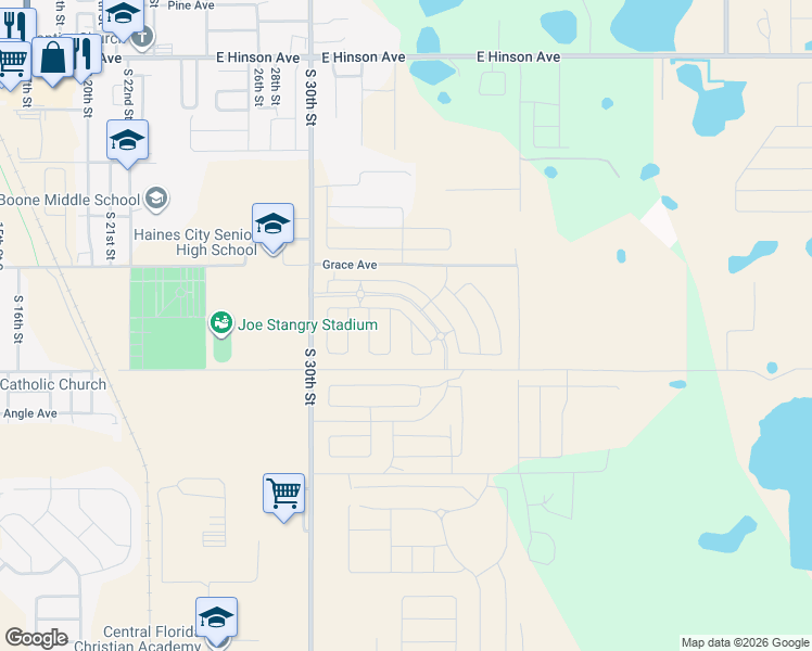 map of restaurants, bars, coffee shops, grocery stores, and more near 4034 Grace Avenue in Haines City