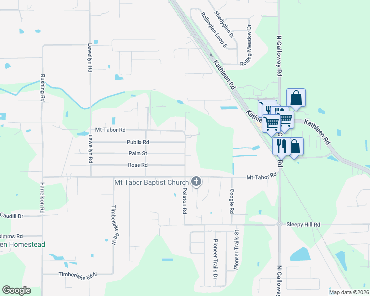 map of restaurants, bars, coffee shops, grocery stores, and more near 3417 Publix Road in Lakeland