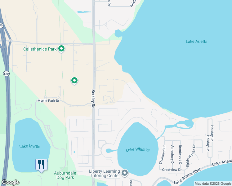 map of restaurants, bars, coffee shops, grocery stores, and more near 158 Twin Cove in Auburndale