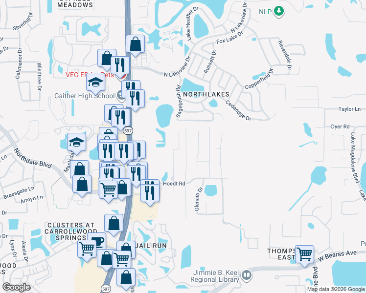 map of restaurants, bars, coffee shops, grocery stores, and more near 15630 North Himes Avenue in Tampa