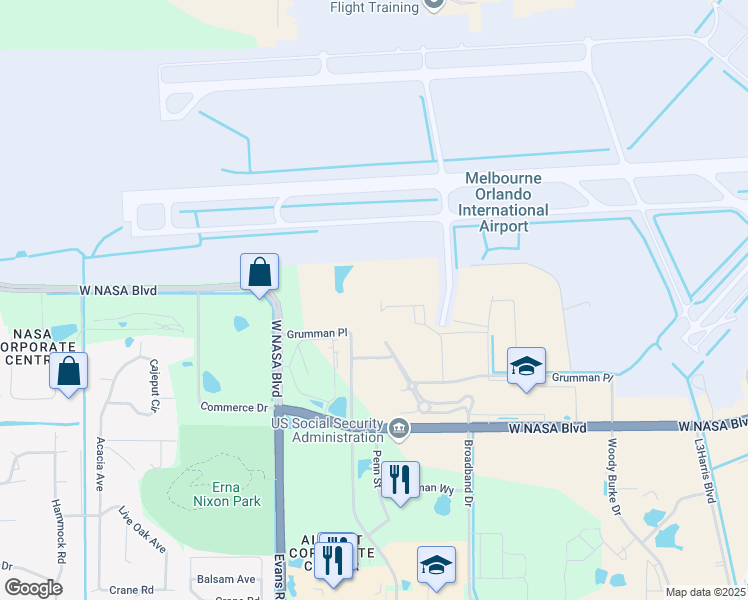 map of restaurants, bars, coffee shops, grocery stores, and more near 2000 West NASA Boulevard in Melbourne