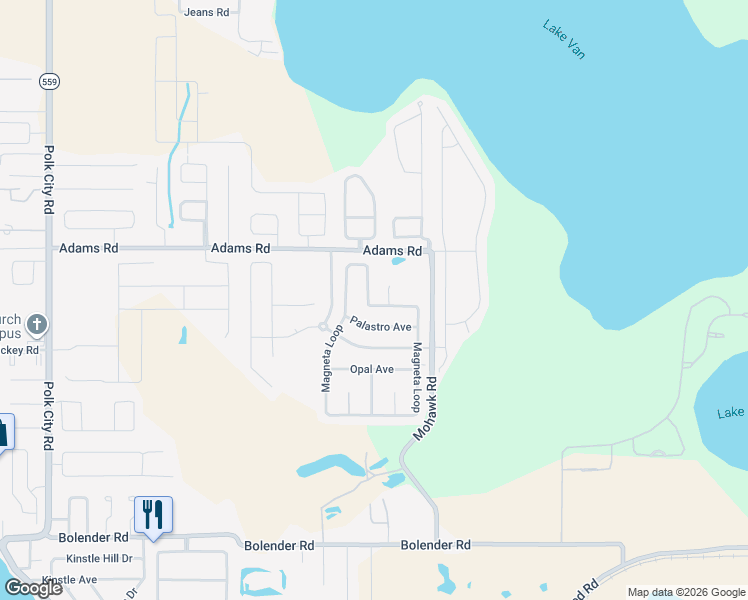 map of restaurants, bars, coffee shops, grocery stores, and more near 168 Magneta Loop in Auburndale