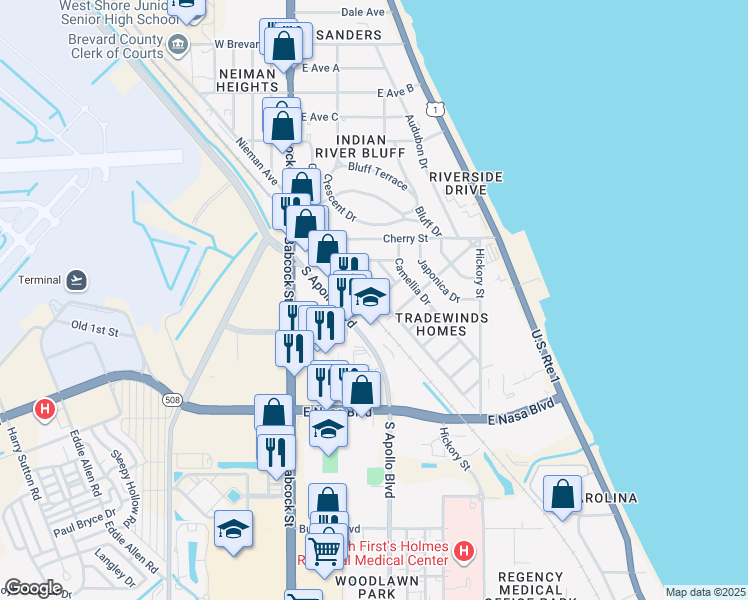 map of restaurants, bars, coffee shops, grocery stores, and more near 644 Wisteria Drive in Melbourne