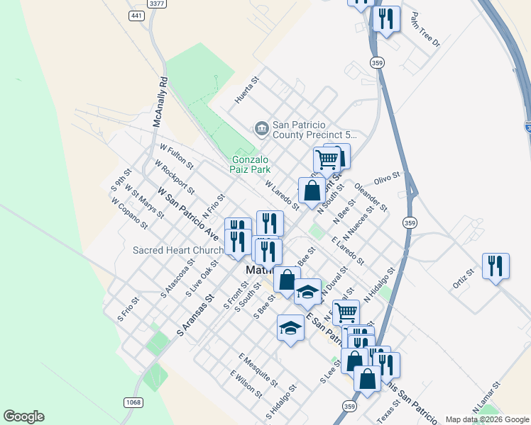 map of restaurants, bars, coffee shops, grocery stores, and more near 300 West Fulton Street in Mathis