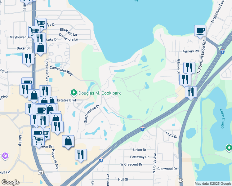 map of restaurants, bars, coffee shops, grocery stores, and more near 707 Carpenters Way in Lakeland