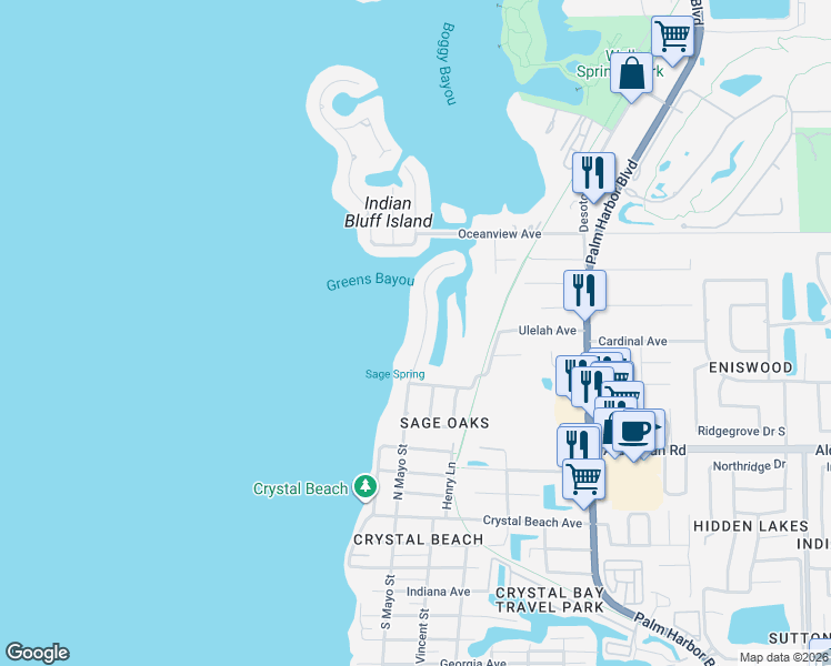 map of restaurants, bars, coffee shops, grocery stores, and more near 619 Mayo Street in Palm Harbor
