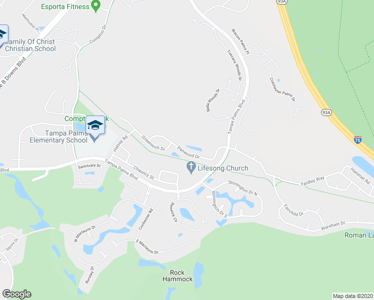 map of restaurants, bars, coffee shops, grocery stores, and more near 16032 Penwood Drive in Tampa