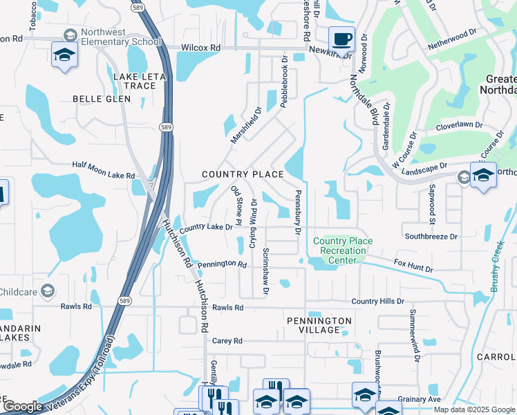 map of restaurants, bars, coffee shops, grocery stores, and more near 15911 Scrimshaw Drive in Tampa